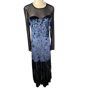 Entro Velvet Mesh Long Sleeve Gown Maxi Dress Blue Size L Evening Formal Holiday